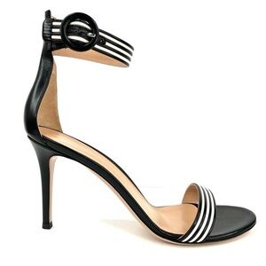 Gianvito Rossi Portofino Black Leather Stripe Ankle Strap Heel Sandals Pumps 41